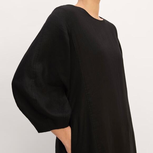 Everlane Women's The Linen A-Line Midi Dress Size 10 Black Puff Sleeve - Picture 4 of 16